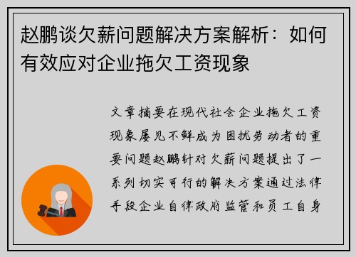 赵鹏谈欠薪问题解决方案解析：如何有效应对企业拖欠工资现象
