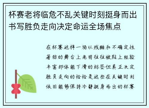 杯赛老将临危不乱关键时刻挺身而出书写胜负走向决定命运全场焦点