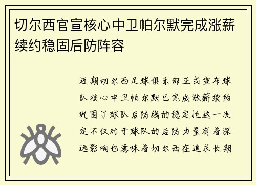 切尔西官宣核心中卫帕尔默完成涨薪续约稳固后防阵容